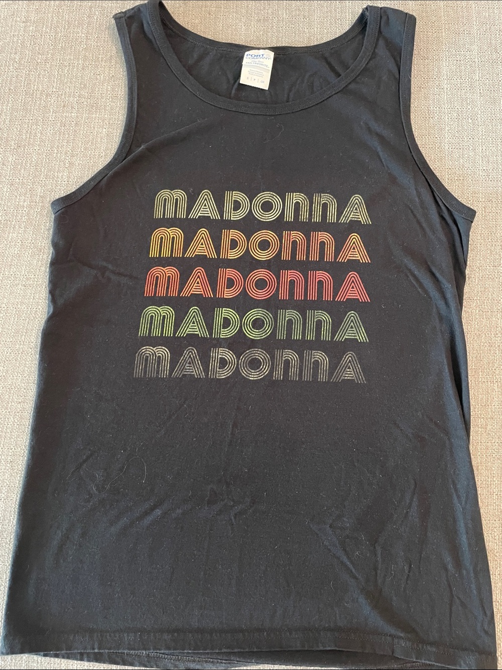 Madonna Graphic Black Tank Top with Multicolor Stacked Logo